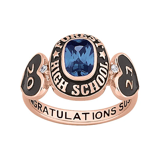 Ladies 14K Rose Gold over Sterling Genuine Diamond Hearts Birthstone Class Ring