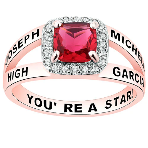 Women's Rose Gold Over Sterling Split Band Square CZ Halo Birthstone Class Ring