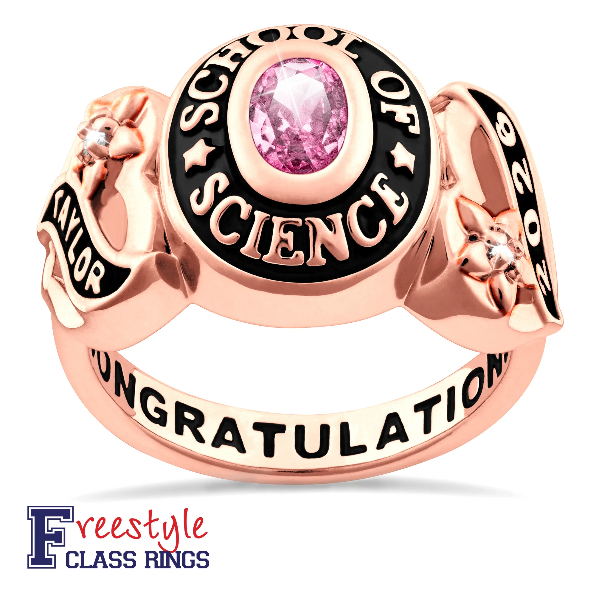 Ladies Rose Gold CELEBRIUM Sweetheart Birthstone Class Ring with Diamond Accents