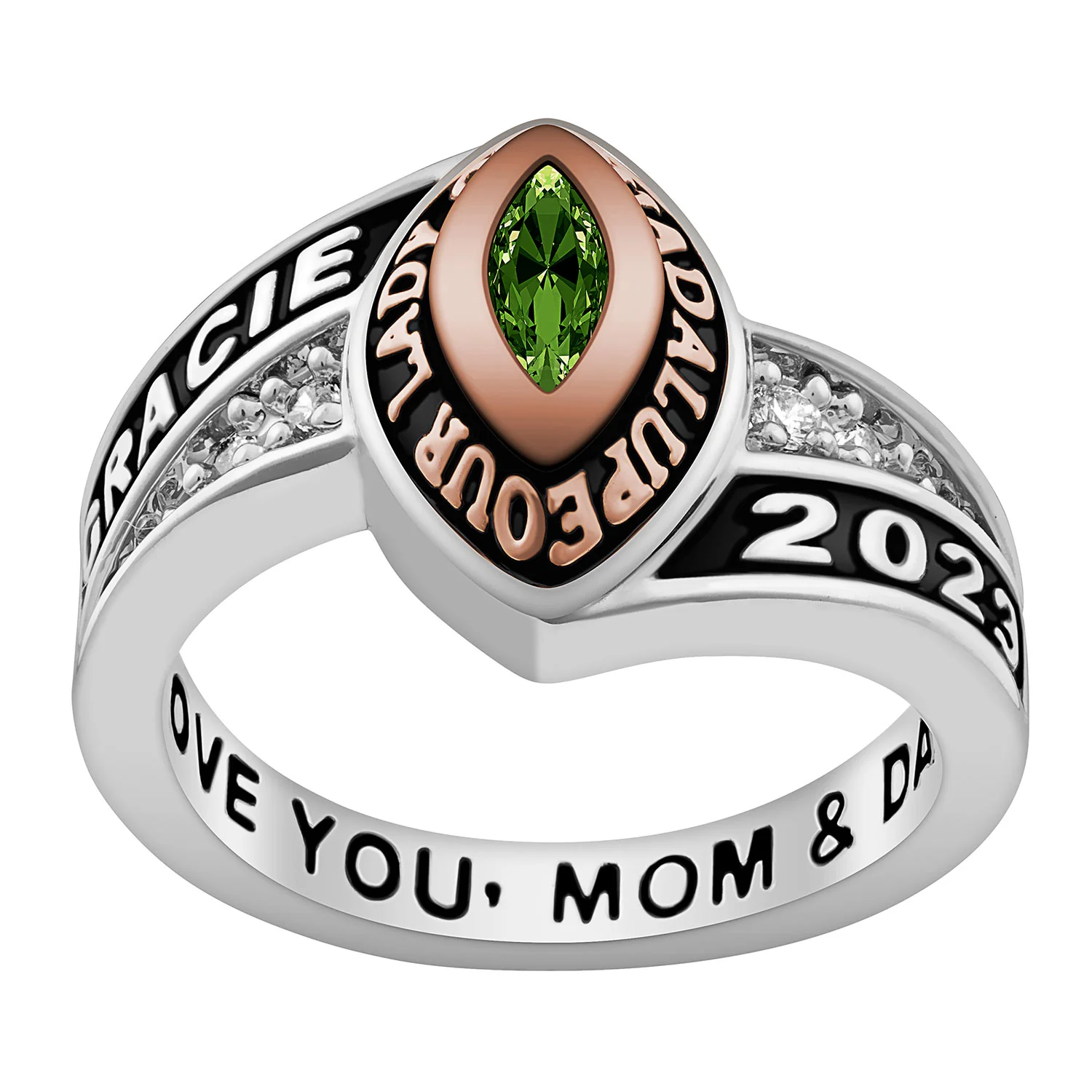 Ladies' Silver Celebrium and Rose Gold Marquise Birthstone Class Ring