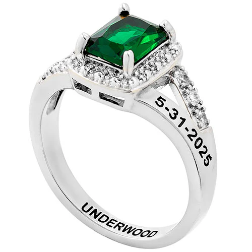 Ladies' Silver Plated Emerald Cut Birthstone with CZ Class Ring - Image 3