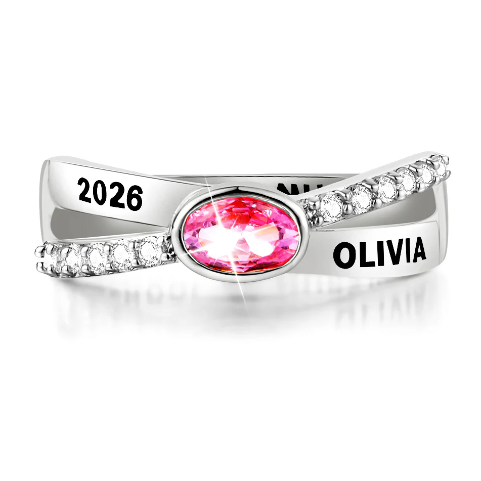 Women's Sterling Silver Crossover Oval Birthstone Fashion Freestyle Class Ring - Image 2