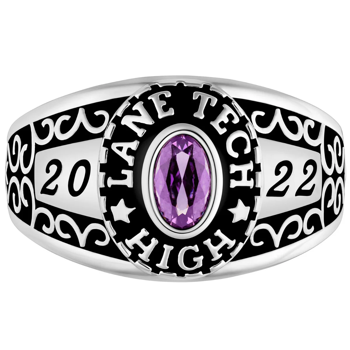 Ladies Sterling Silver Ornate Traditional Oval Stone Class Ring - Image 2