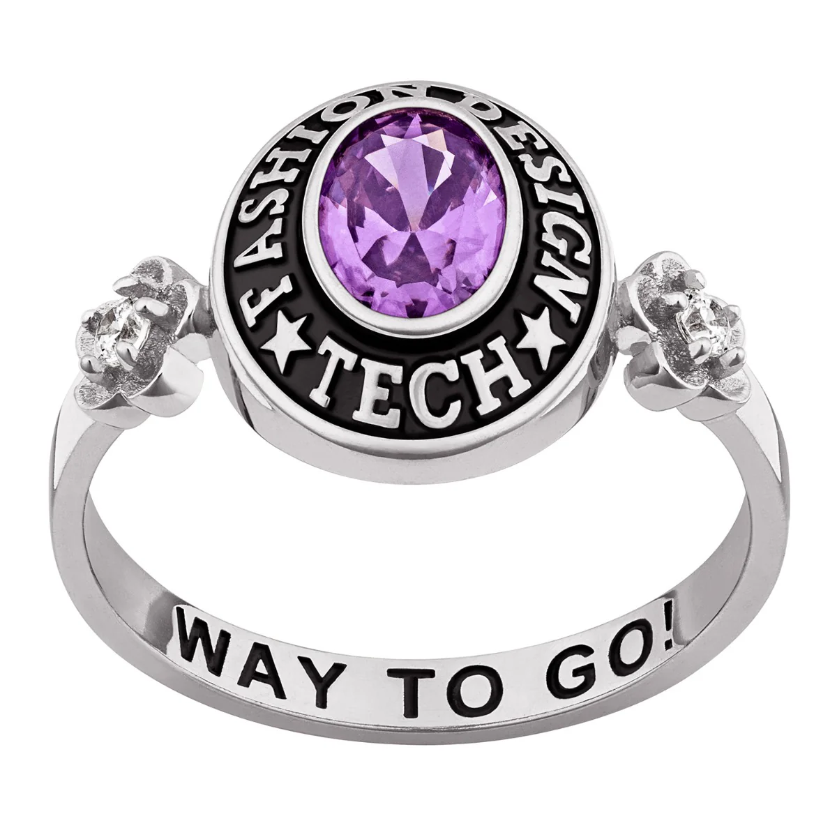 Ladies' Sterling Silver Oval Birthstone with CZ Flowers Class Ring