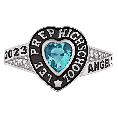 Ladies' Sterling Silver Traditional Heart Birthstone with CZ Accents Class Ring - Image 2
