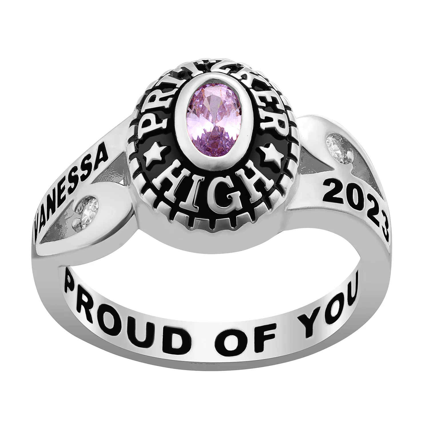Ladies' Sterling Silver Cubic CZ Scroll Bypass Birthstone Class Ring