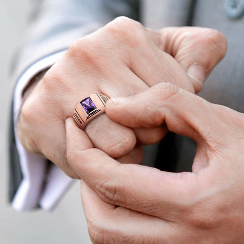 Men's 14K Rose Gold over Sterling Checkerboard Birthstone Freestyle Class Ring - Image 2
