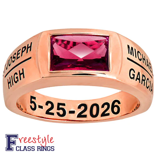 Men's 14K Rose Gold over Sterling Checkerboard Birthstone Freestyle Class Ring