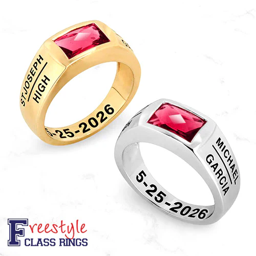 Men's 14K Rose Gold over Sterling Checkerboard Birthstone Freestyle Class Ring - Image 4