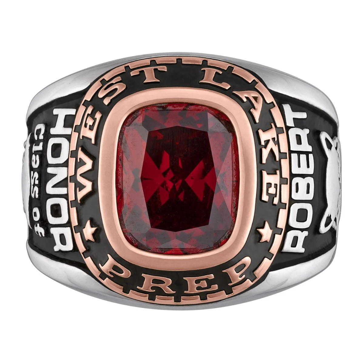 Men's 2-Tone Platinum and 14K Rose Gold Plated Birthstone Class Ring - Image 2