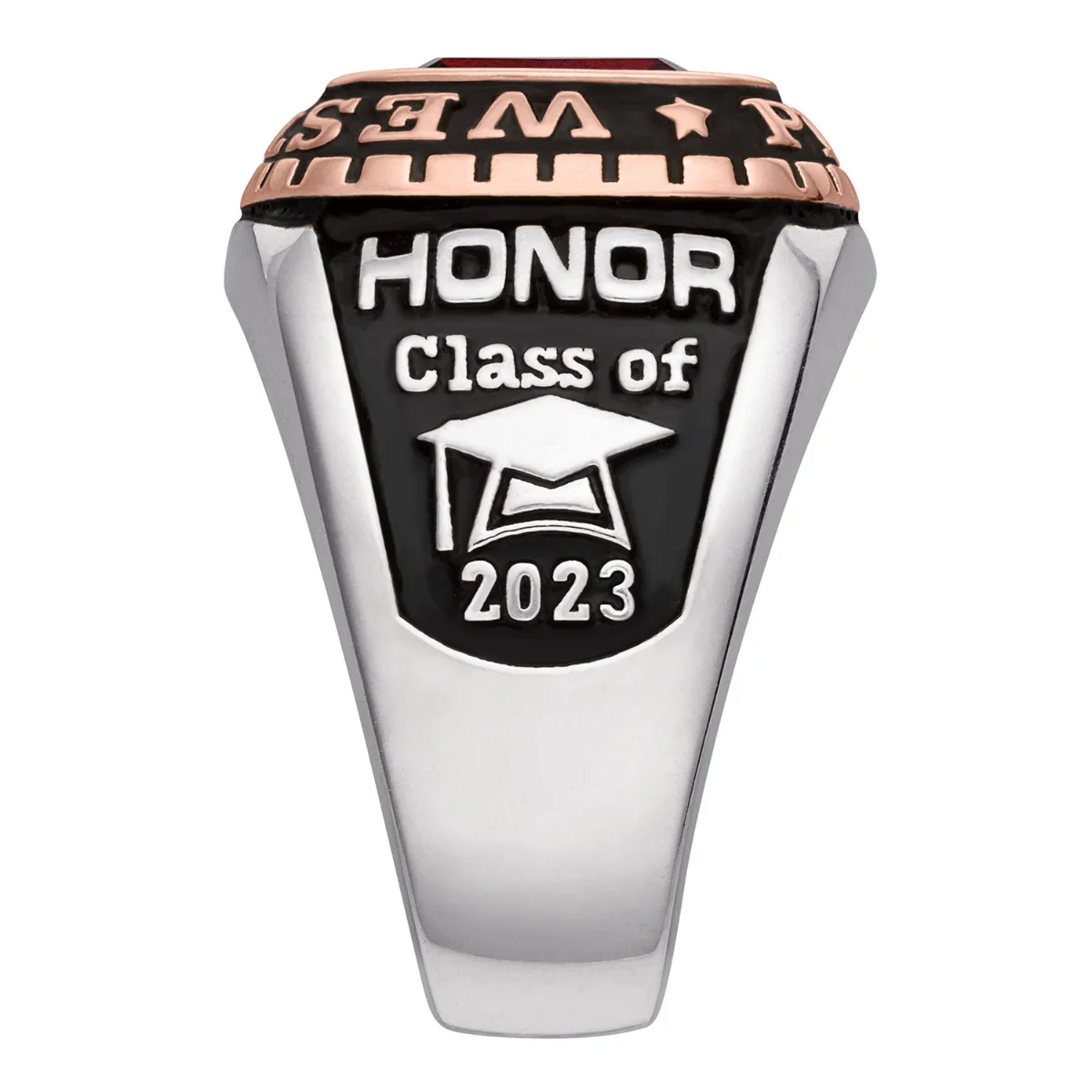 Men's 2-Tone Silver and 14K Rose Gold over Sterling Birthstone Class Ring - Image 3