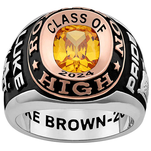 Men's Platinum and 14K Rose Gold Plated 2-Tone Double Row Class Ring - Image 2