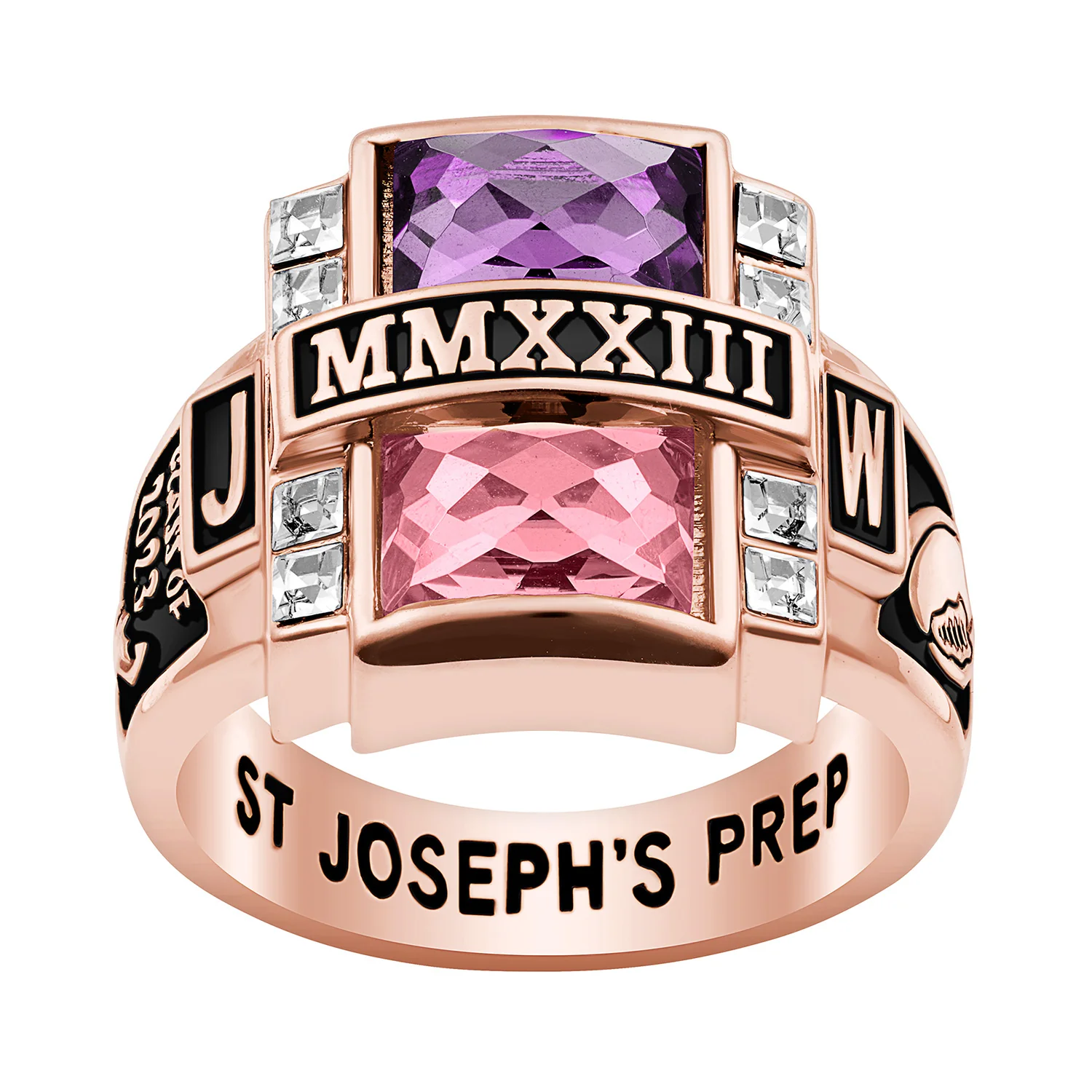 Men's 14K Rose Gold over Sterling Double Birthstone & CZ Rectangle Class Ring