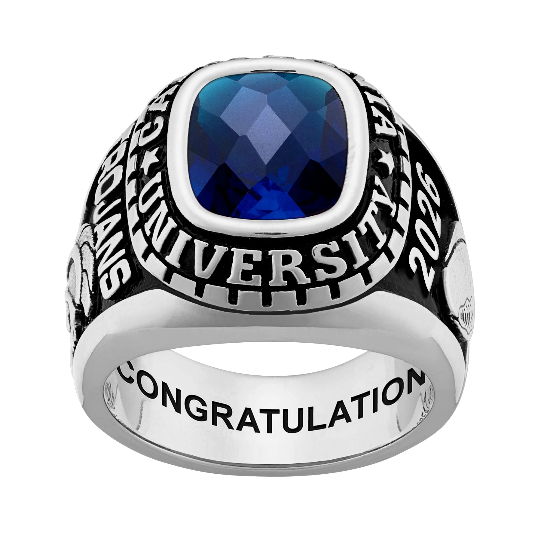 Men's Sterling Silver Large Traditional Checkerboard Birthstone Class Ring