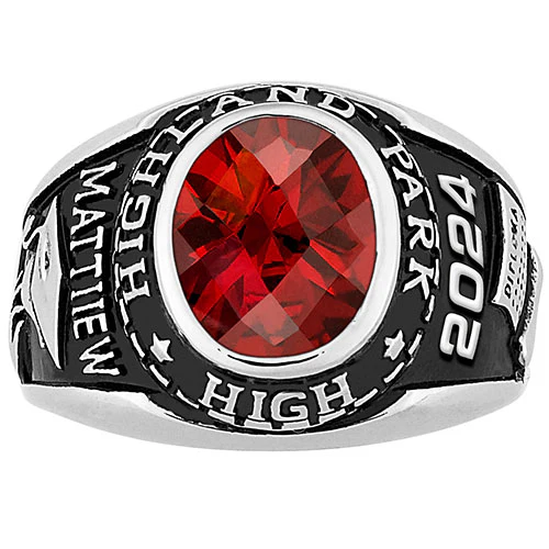 Men's Sterling Silver Traditional Oval Checkerboard Birthstone Class Ring - Image 2