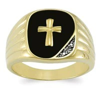 Men's 18K Gold over Sterling Genuine Black Onyx & Diamond Cross Ring