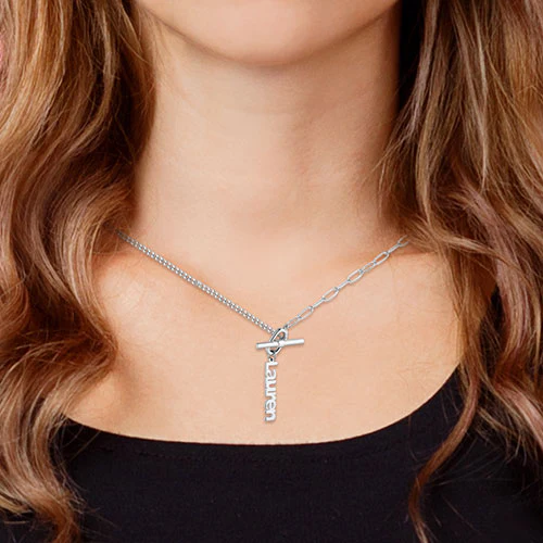 Mixed Chain Vertical Name Toggle Necklace - Image 3