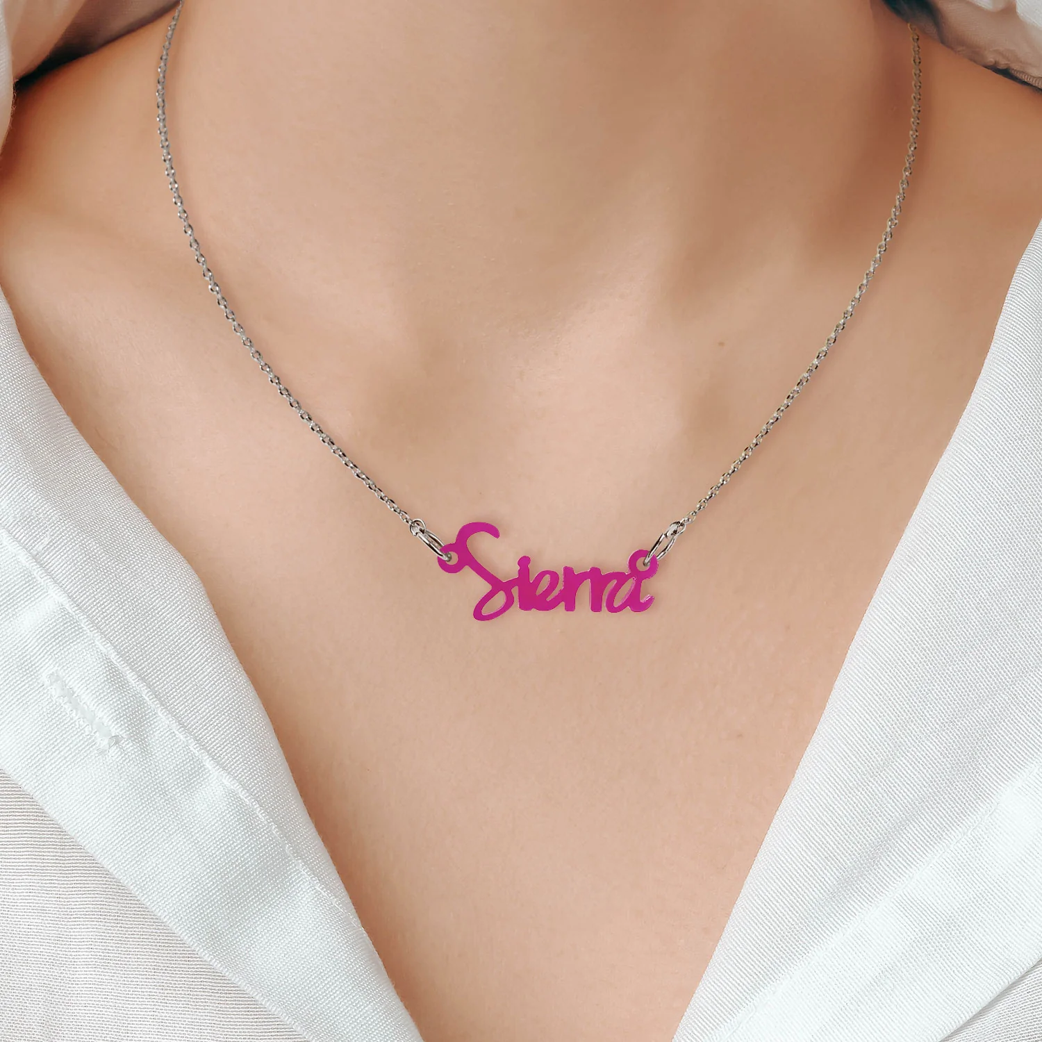 Modern Script Acrylic Name Necklace - Stainless ChainPlaque Necklace - Image 3