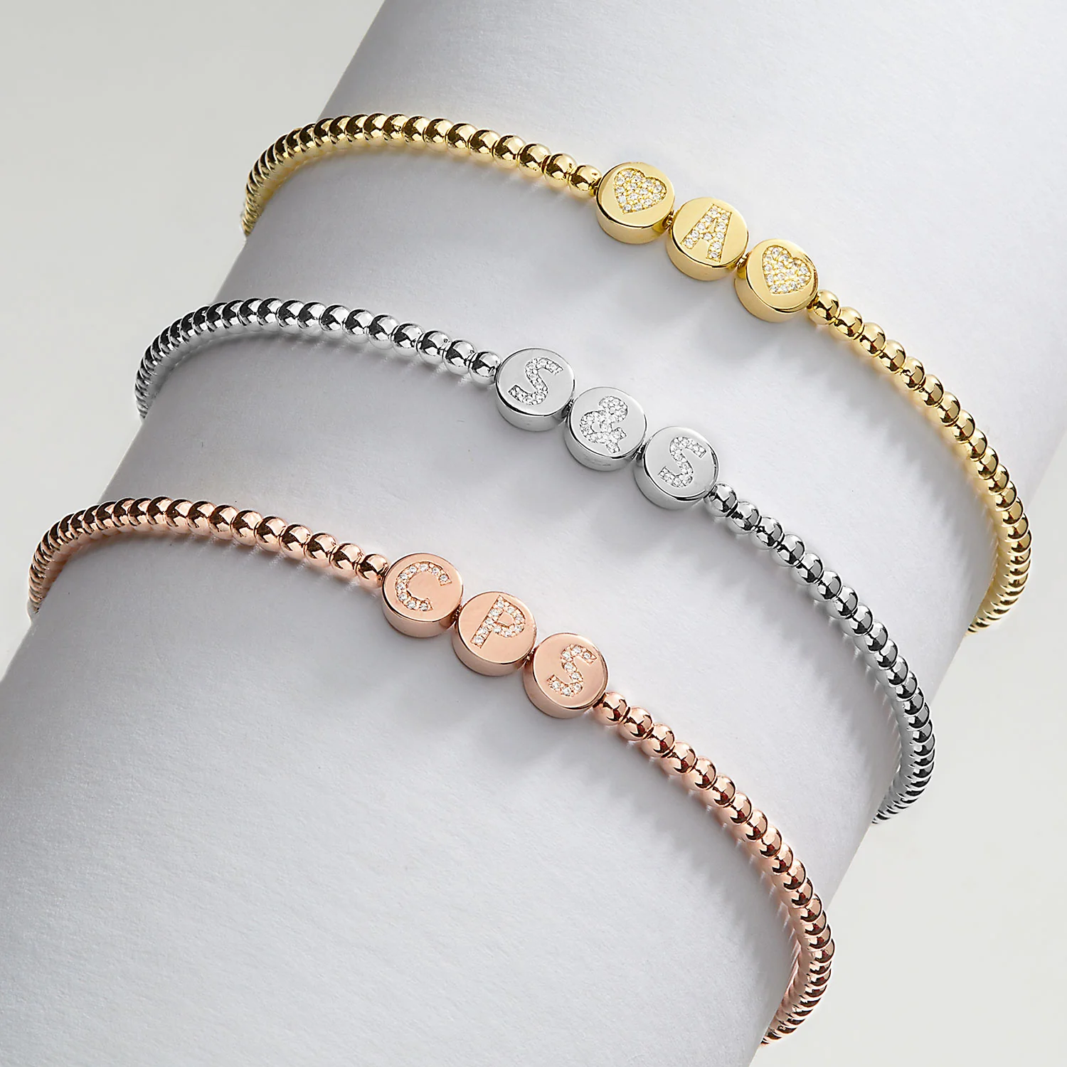 Pave CZ Initials Slider Charm Pave Initials Station Beaded Bracelet