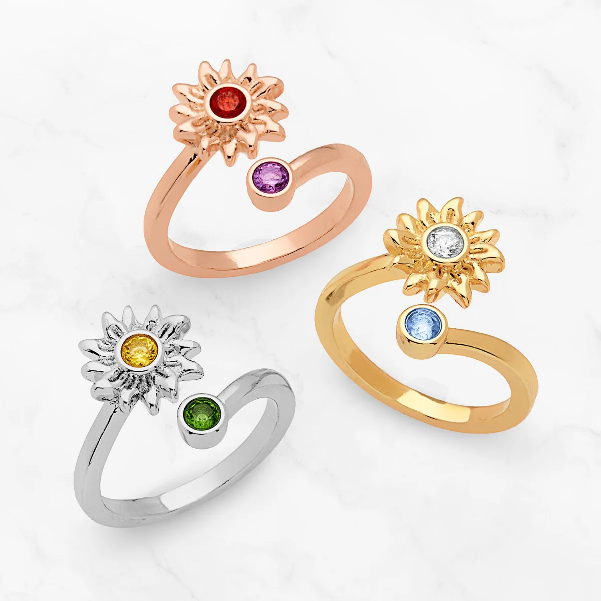 14K Rose Gold Plated Sunflower with Birthstone Bypass Ring - Image 2
