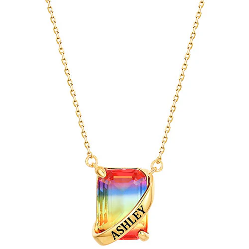 Personalized Banner Iridescent Crystal Emerald cut necklace - Image 4