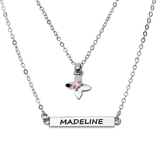 Personalized Birthstone Butterfly and Engraved Bar Layered Necklace - Image 2