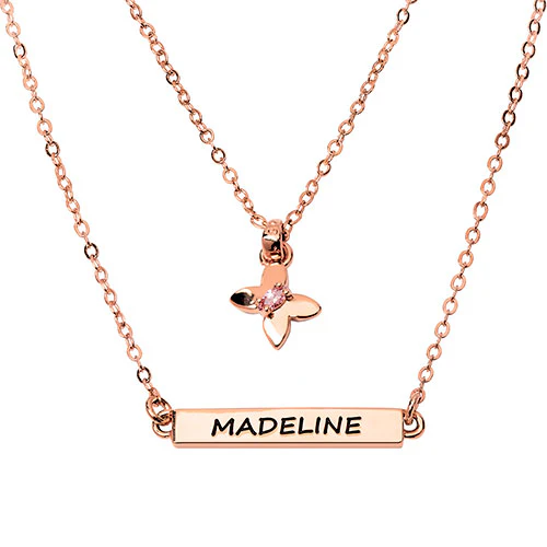 Personalized Birthstone Butterfly and Engraved Bar Layered Necklace - Image 6