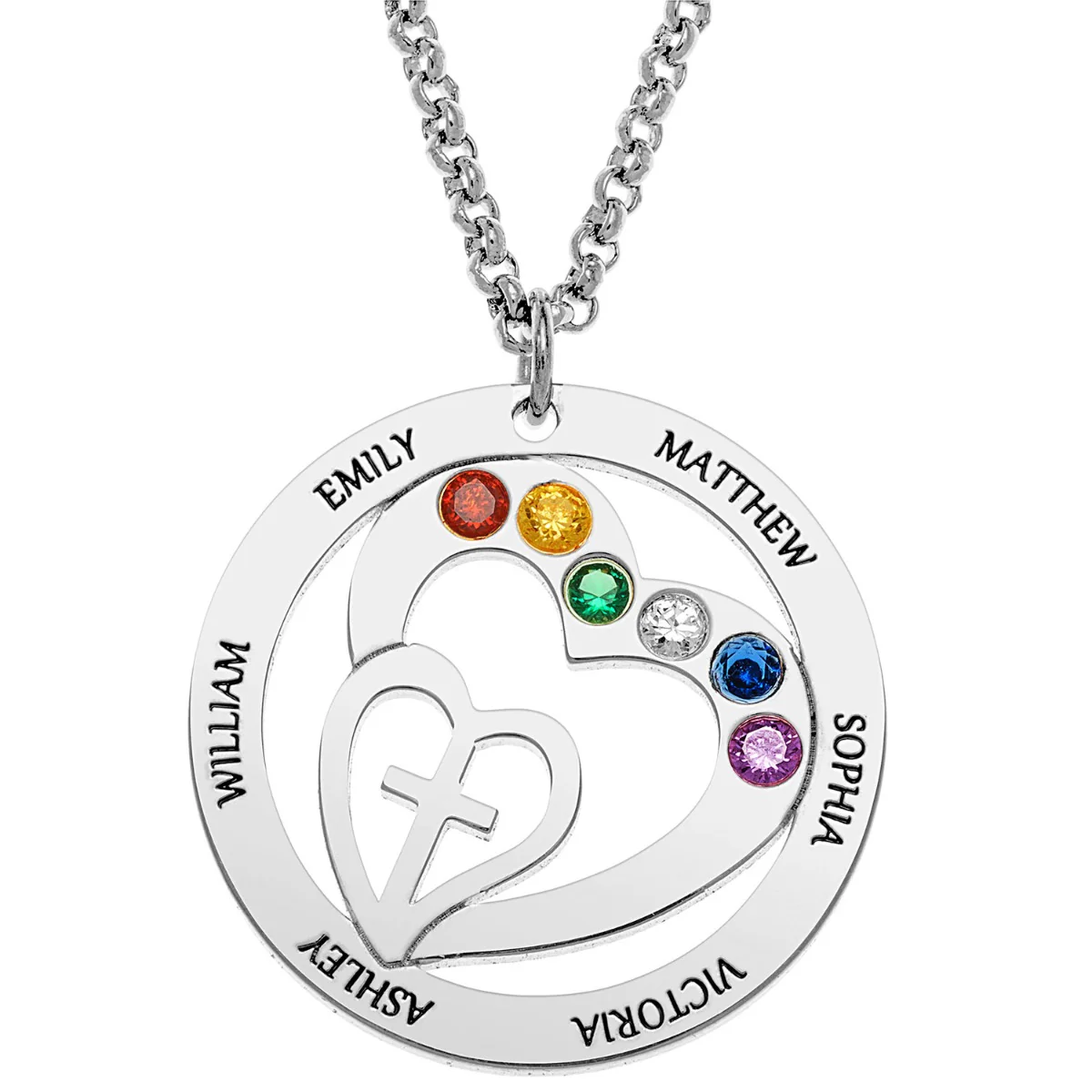 Personalized Engraved Name and Birthstone with Cross Heart Necklace - Image 2