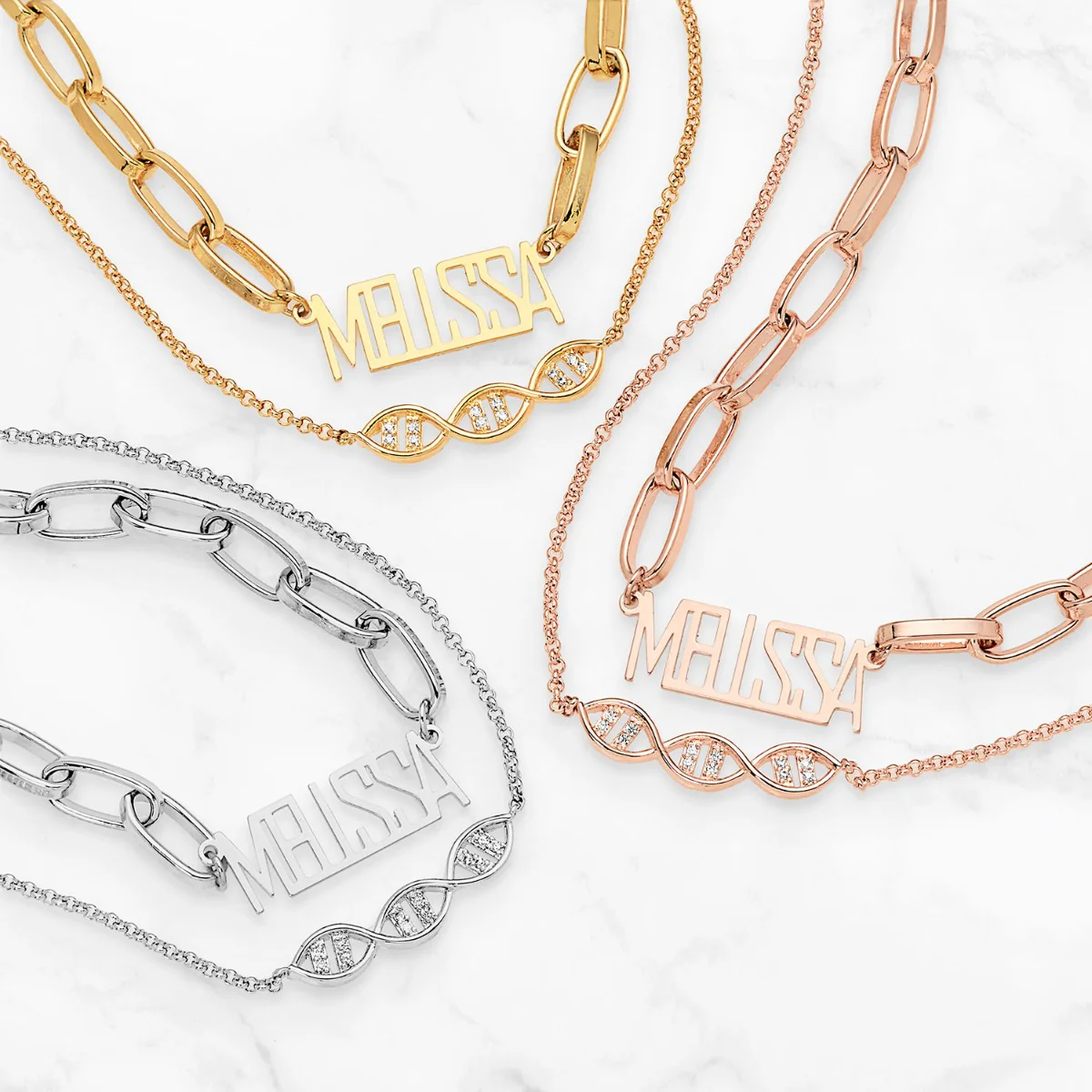 Personalized Layered Cutout Name Necklace with DNA Charm