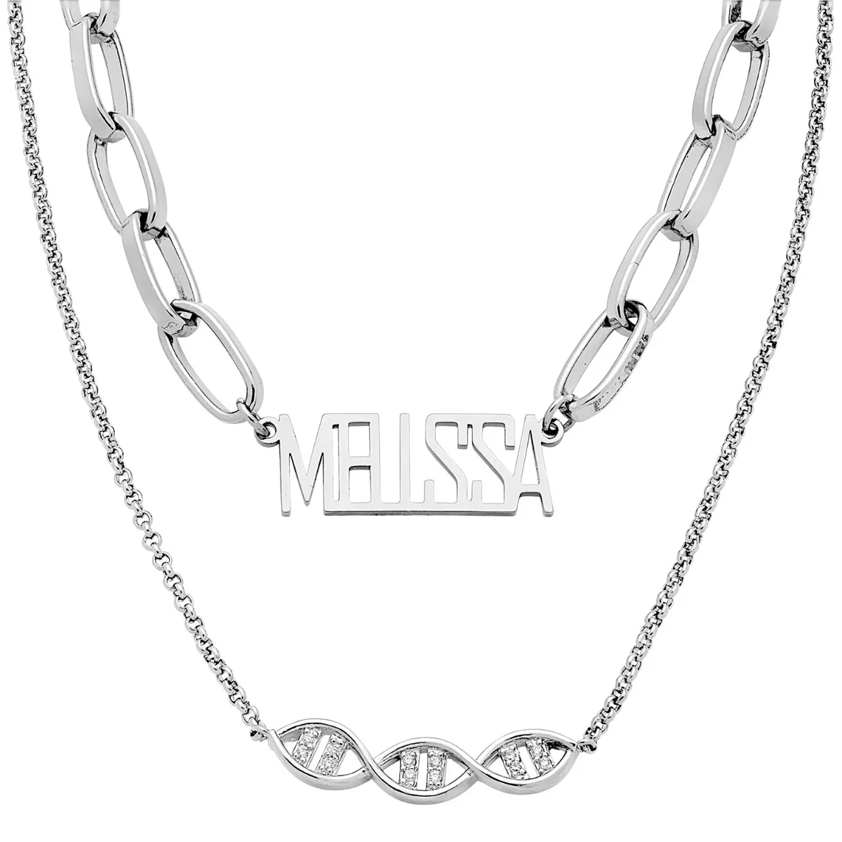 Personalized Layered Cutout Name Necklace with DNA Charm - Image 2