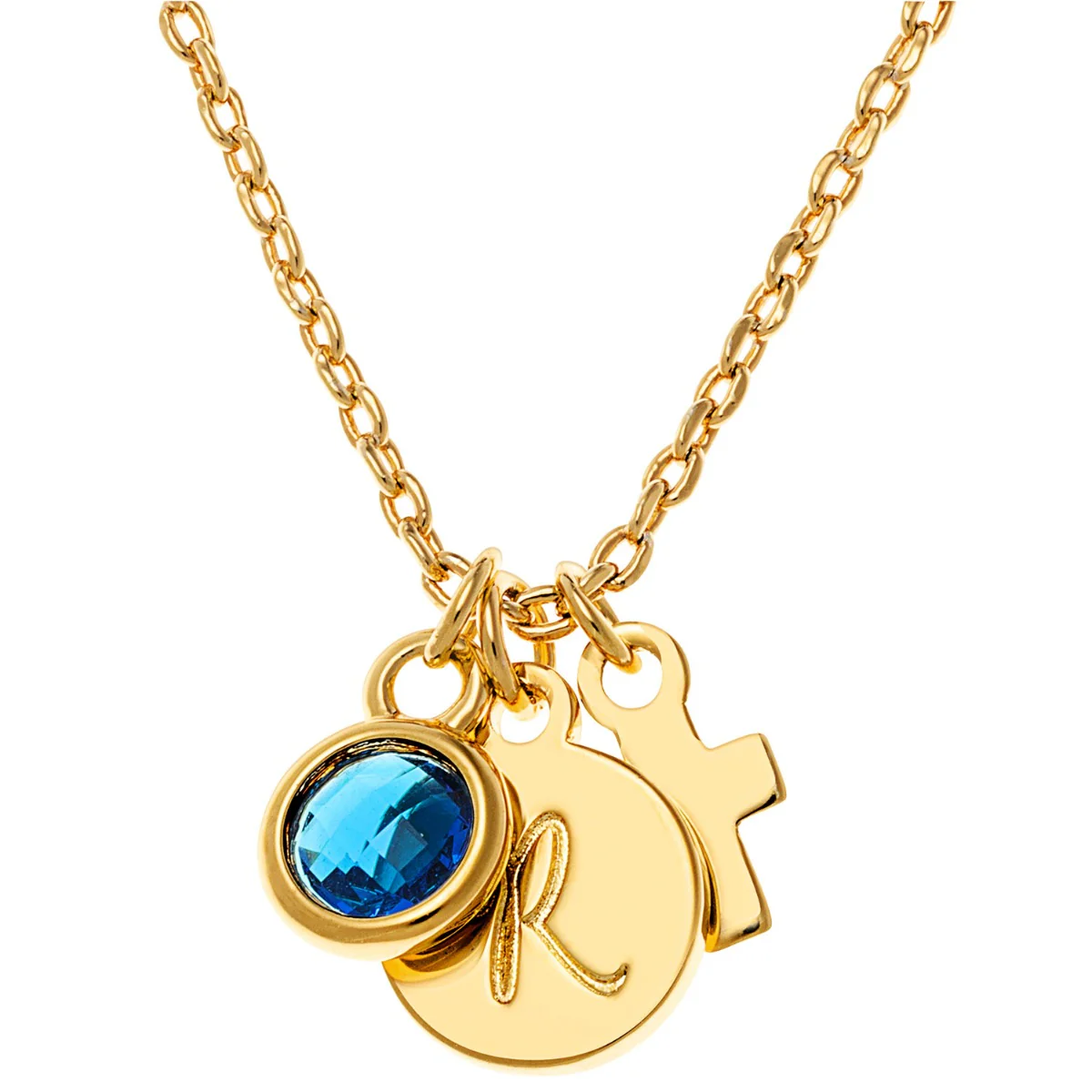 Personalized Mini Initial Disc, Birthstone, and Cross Cluster Necklace - Image 4