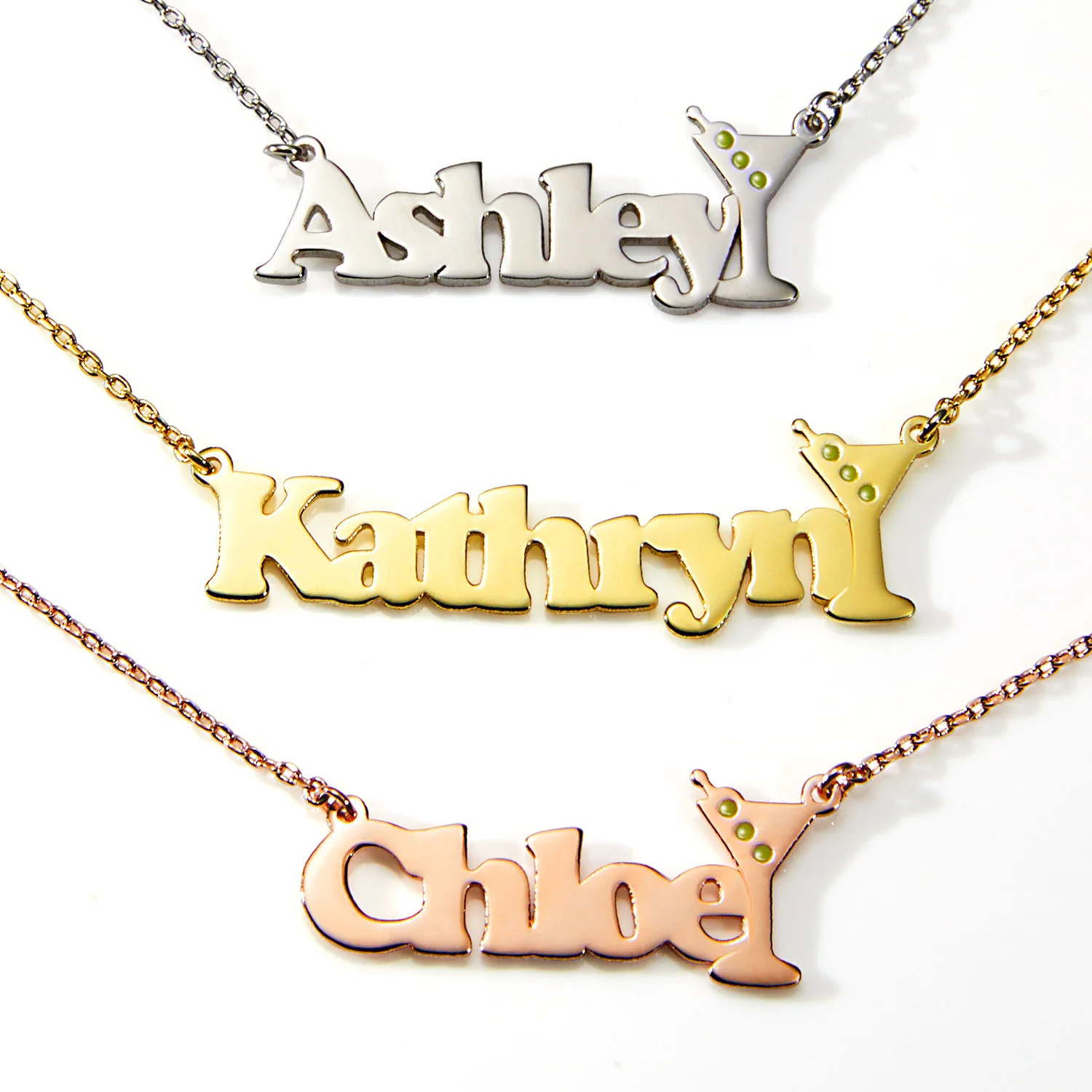 Personalized Name Necklace with Enamel Martini Accent