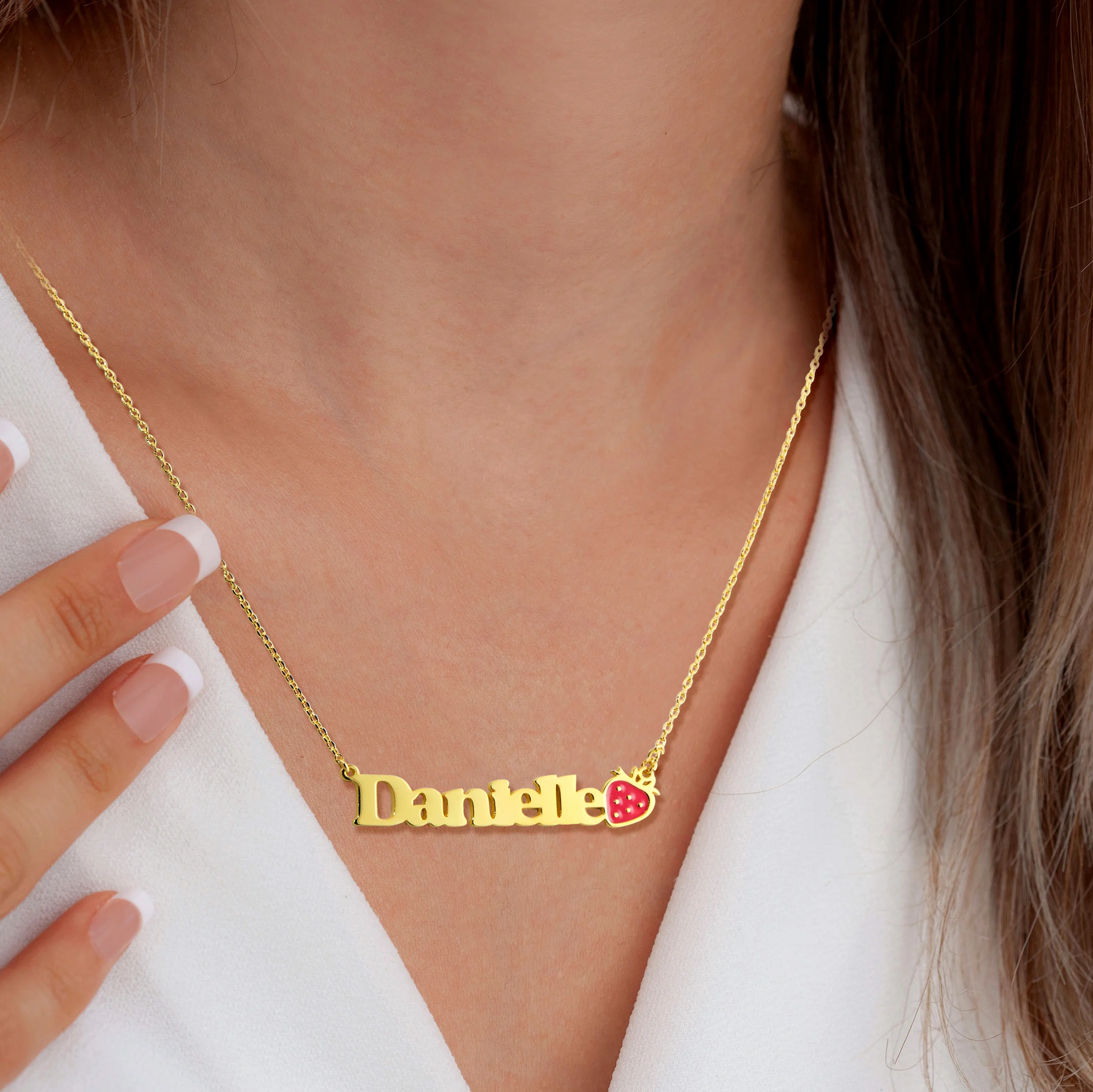 Personalized Name Necklace with Enamel Strawberry Accent - Image 2