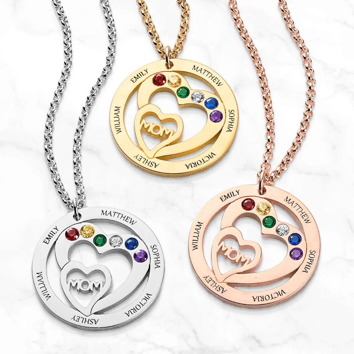Personalized Plated Engraved Name and Birthstone with Mom Heart Necklace