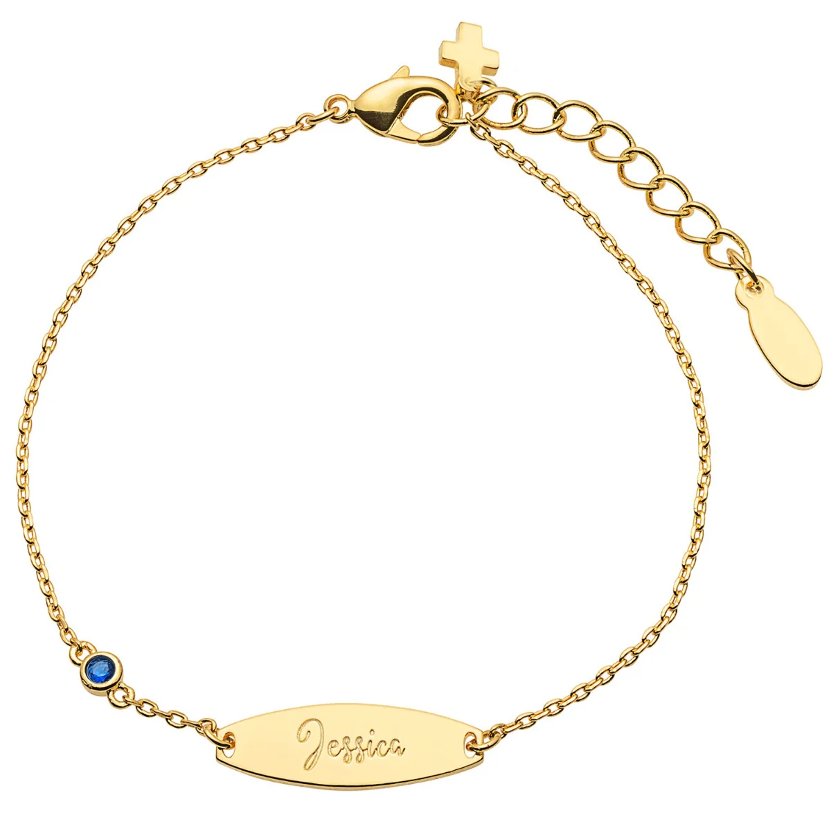 Personalized Plated Engraved Name Mini Oval With Birthstone and Cross ID Bracelet - Image 2