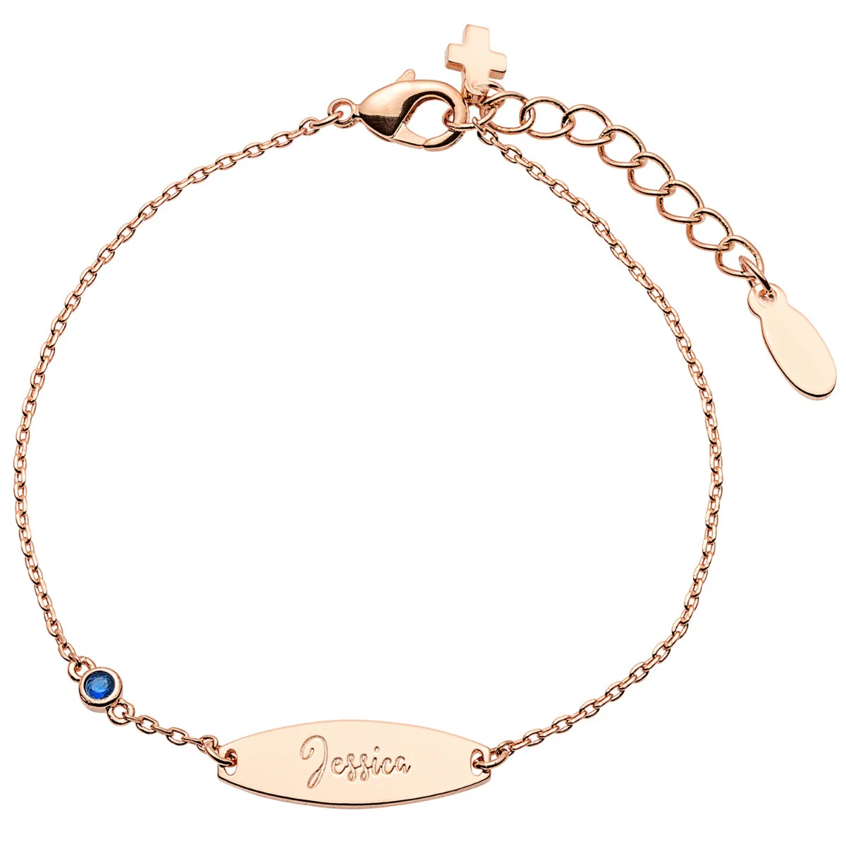 Personalized Plated Engraved Name Mini Oval With Birthstone and Cross ID Bracelet - Image 4