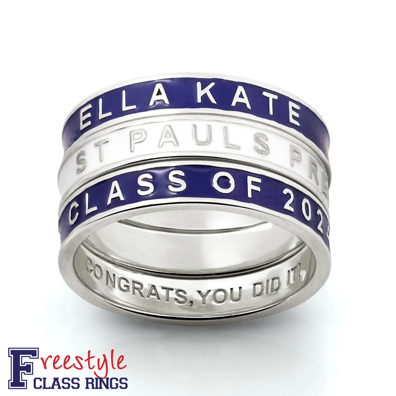 Personalized Silver Plated Enamel Stackable Bands Freestyle Class Ring