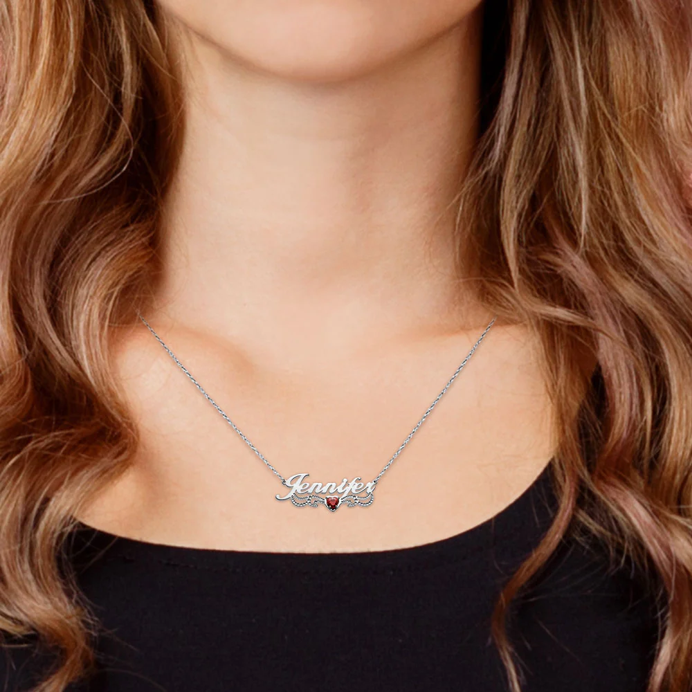 Personalizled Name with Birthstone Scroll Plaque Necklace - Image 3