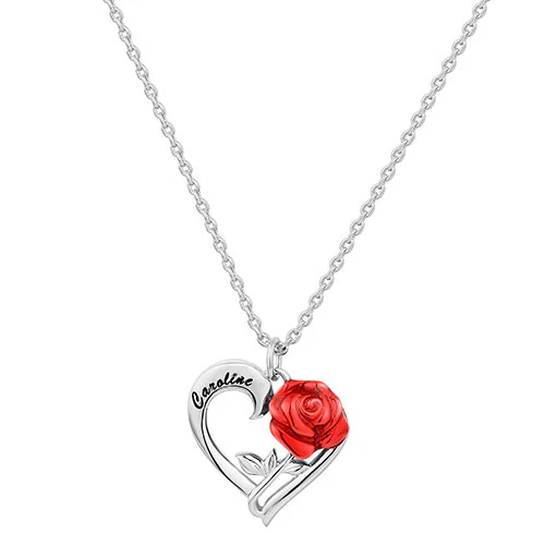 Petite Engraved Heart with Red Enamel Rose Necklace - Image 3