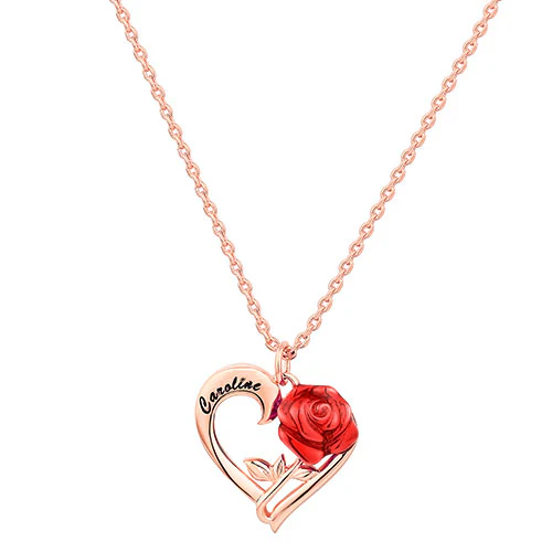 Petite Engraved Heart with Red Enamel Rose Necklace - Image 5