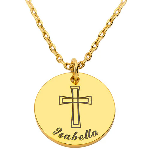 Petite Engraved Name and Cross Disc Necklace - Image 4