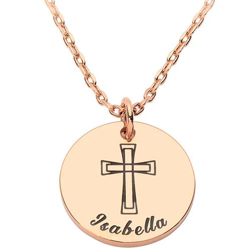 Petite Engraved Name and Cross Disc Necklace - Image 6