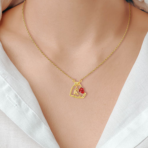 Petite Heart with Initial and Red Enamel Rose Necklace - Image 2