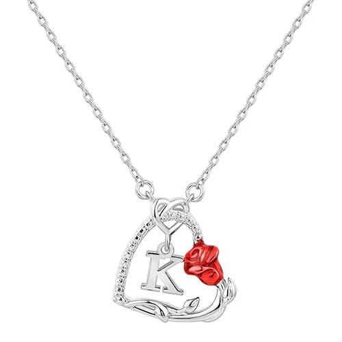 Petite Heart with Initial and Red Enamel Rose Necklace - Image 3