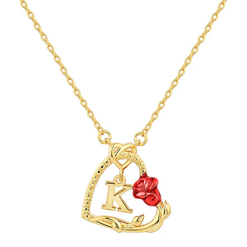 Petite Heart with Initial and Red Enamel Rose Necklace - Image 4