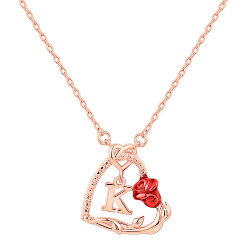 Petite Heart with Initial and Red Enamel Rose Necklace - Image 5
