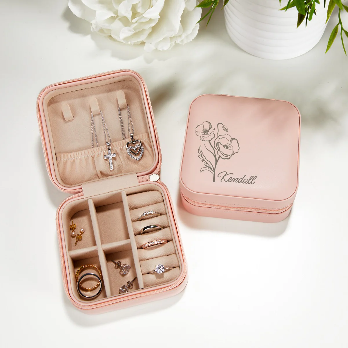 Pink Zip Travel Jewelry Case with Birth Month Flower and Name - Image 9