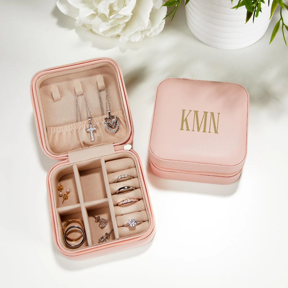 Pink Zip Travel Jewelry Case with Slim Gold Tone Monogram - Image 4