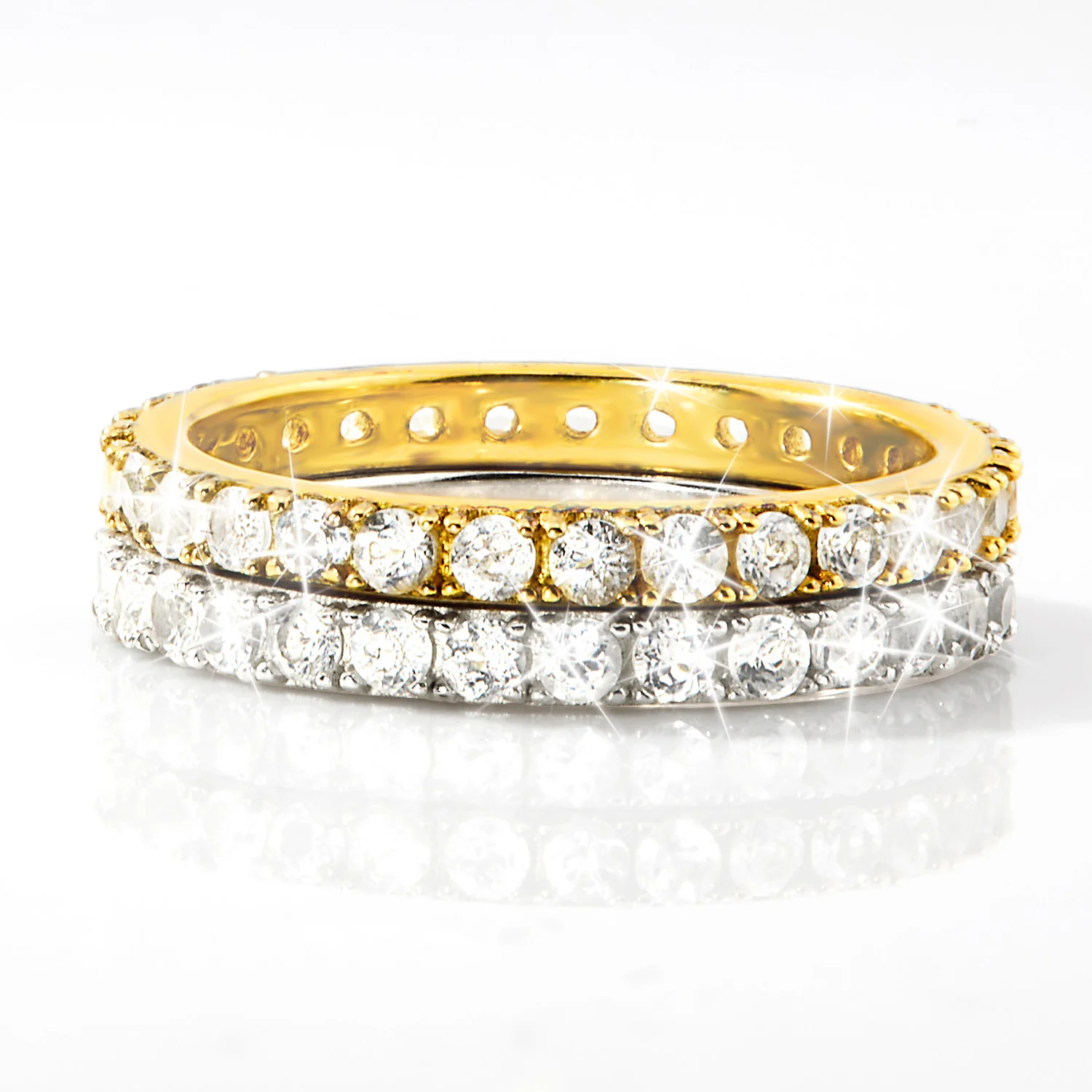 Platinum and Gold over Sterling White Topaz Eternity Band - 2pc Set