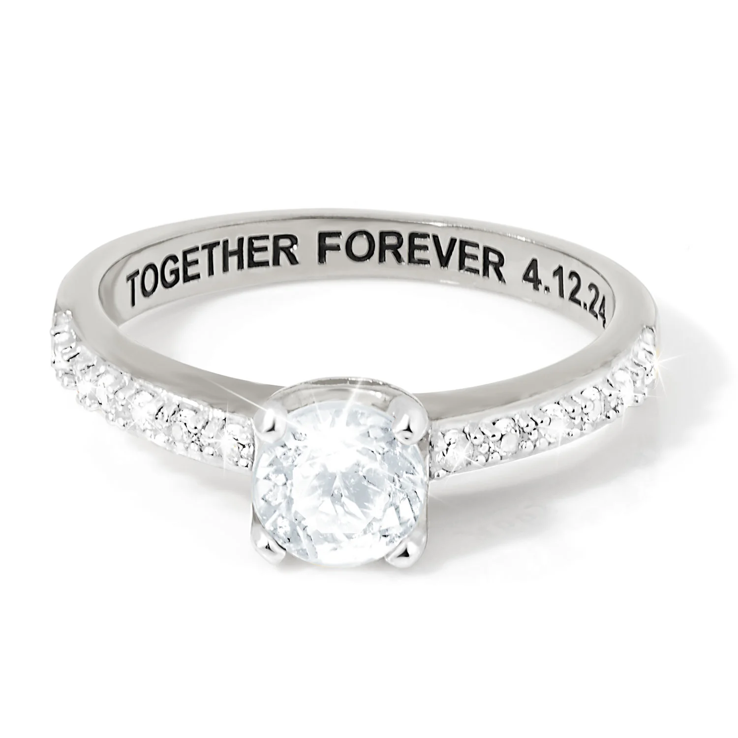 Platinum over Sterling Brillant White Topaz Open Heart Engraved Wedding Ring